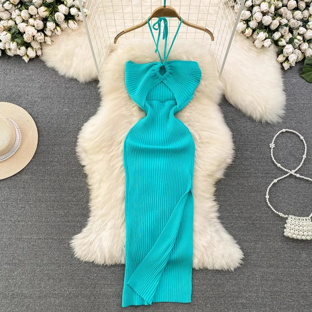 YuooMuoo Women Dress 2025 New Summer Fashion Sexy Package Hips High Split Knitted Bodycon Party Dress Vacation Beach Vestidos