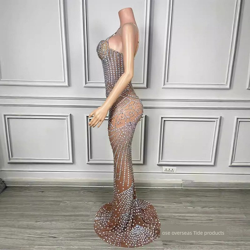 Halterneck Light Diamond Sexy See-through Birthday Party Dress Catwalk Show Fashion Women's Wear Music Festival Singer Costume