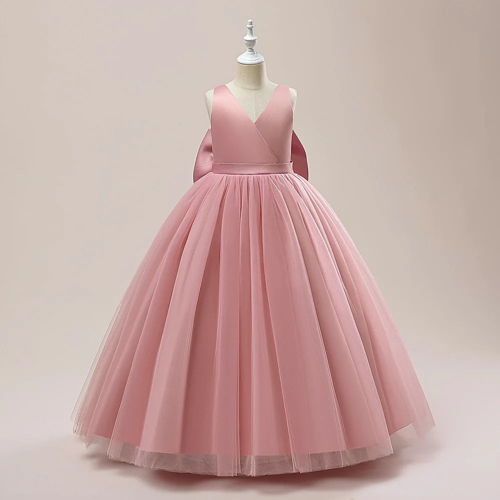 Big Bow Girls Bridesmaids Dress Long White Wedding Party Prom Pageant Princess Dresses First Communiom Formal Birthday Ball Gown