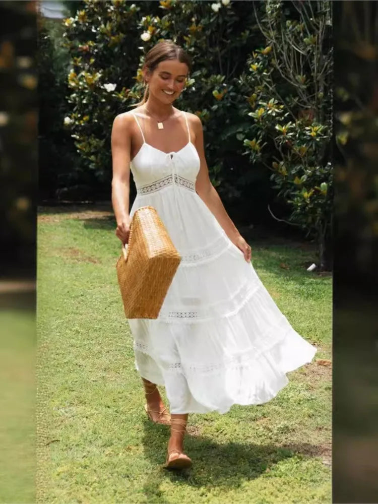 Summer New Women Boho Dress Fashion Spaghetti Strap White Beach Party Dress Robe Femme 2025 Elgeant Casual Female Vestidos