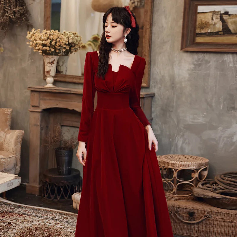 2025 Elegant Long sleeved Office Dress Wine Red Autumn Square Collar A-line Long Skirt Formal Party Wedding Bridesmaid Ball Dres