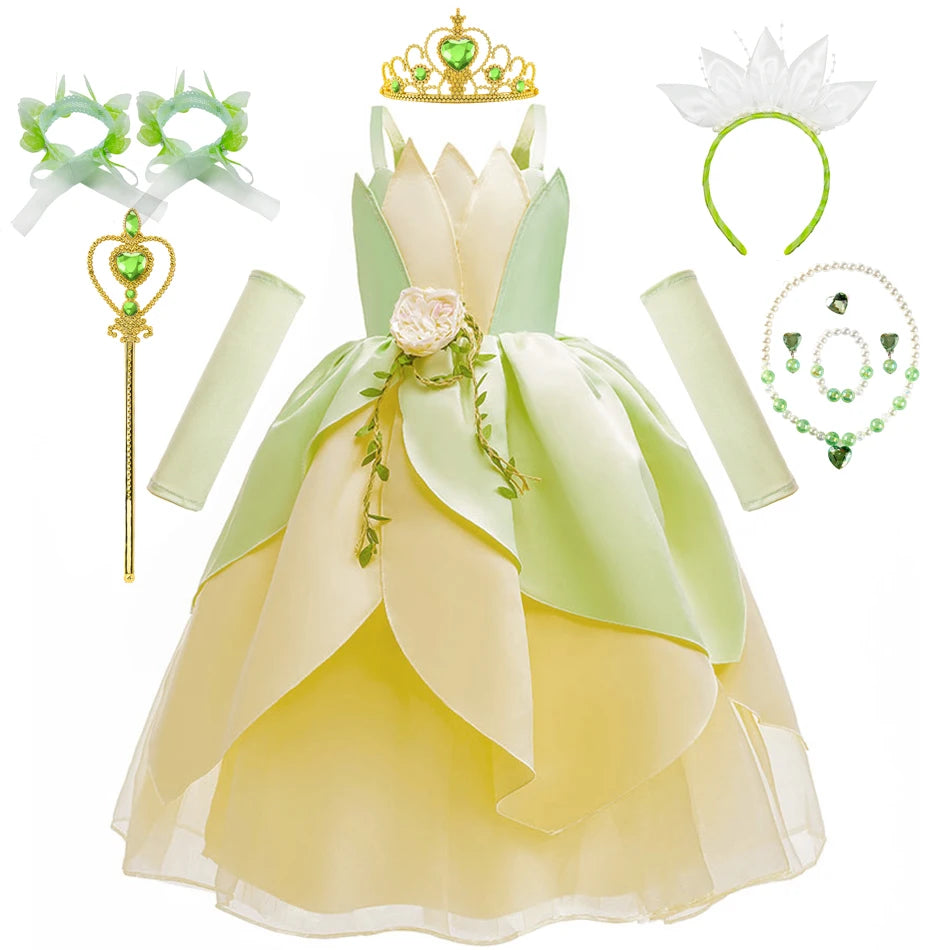 Fancy Girl Princess Tiana Costume Dress The Frog Cosplay Floral LED Light Up Clothing Halloween Girl Kids Christmas Party 2-11T