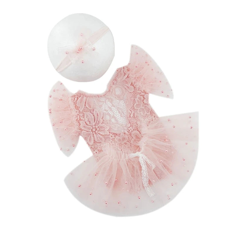 Photo-Shooting Props for Baby Girl 0-6M Infant Headdress & Tulle Tutu Jumpsuit Party Dress Photo Clothes Newborn Outfit Dropship