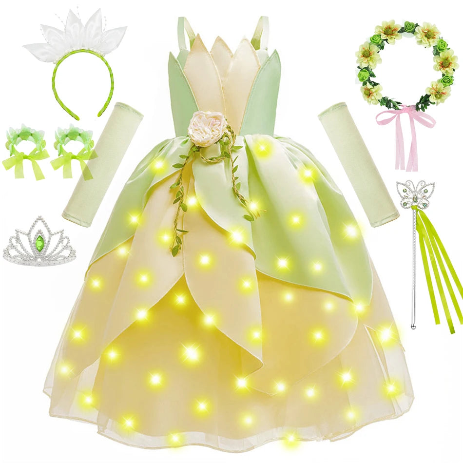 Fancy Girl Princess Tiana Costume Dress The Frog Cosplay Floral LED Light Up Clothing Halloween Girl Kids Christmas Party 2-11T