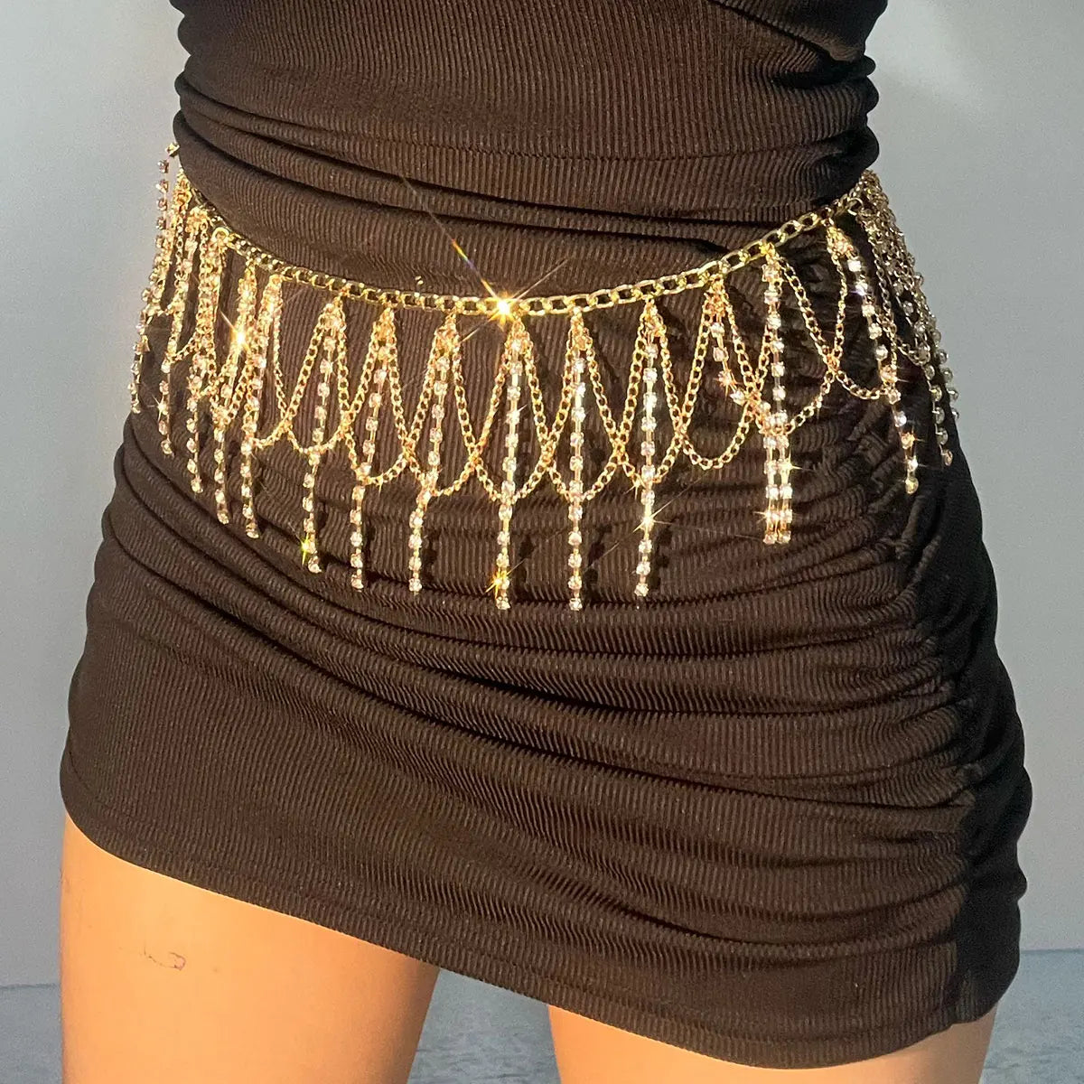Festival  Gifts Sexy Fashion Waist Chain For Lady Shiny Rhinestone Tassel Body Jewelry Stage Performance Party Dress Metal Chain