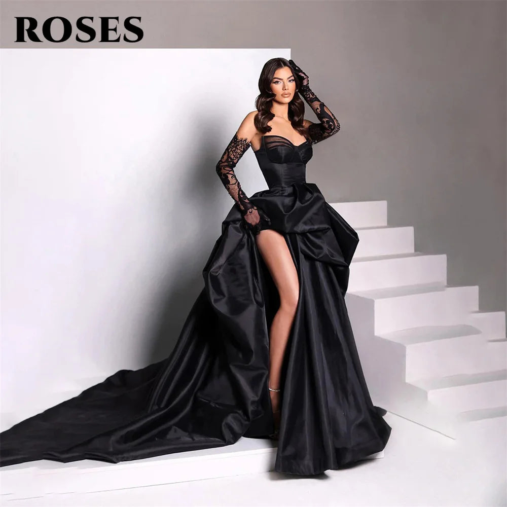ROSES A Line Black Prom Dresses Sweetheart Stain Party Dresses Pleat Side Split robes du soir Sleeveless Wedding Darty Dresses