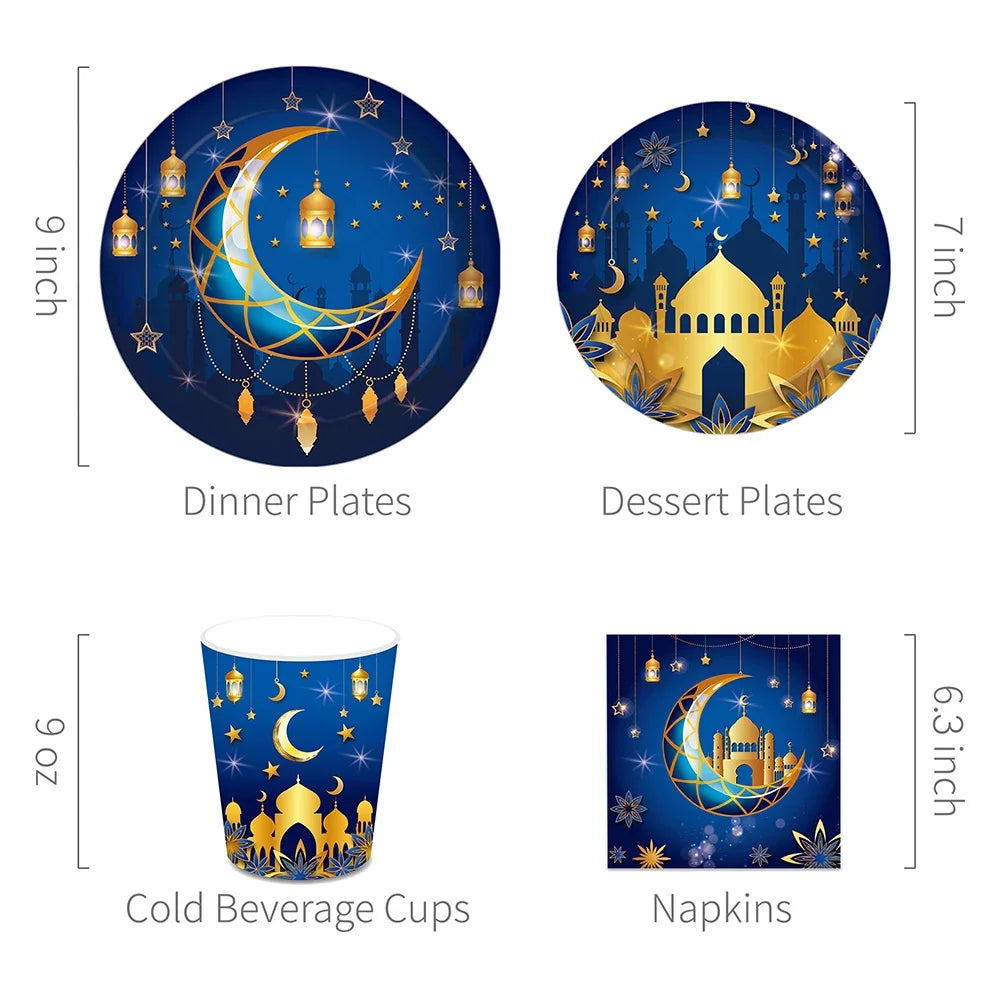 Blue Eid Mubarak Ramadan Moon Festival Muslim Party Disposable Tableware Sets Cups Plates Napkins Baby Shower Party Decorations