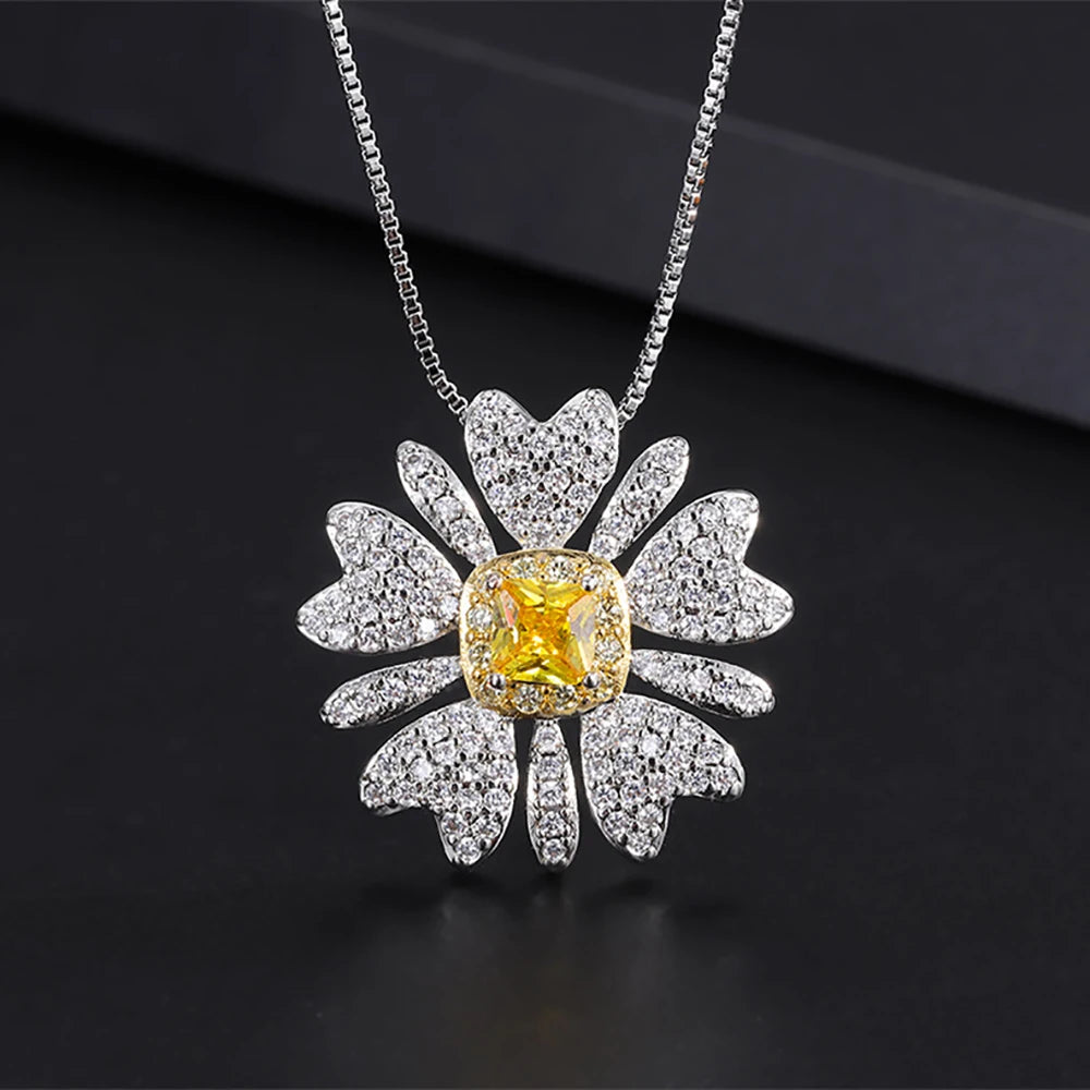 Topaz Sunflower Gemstone Necklace Pendant Ring Earrings Wedding Party Fine Jewelry Set for Women Birthday Gift