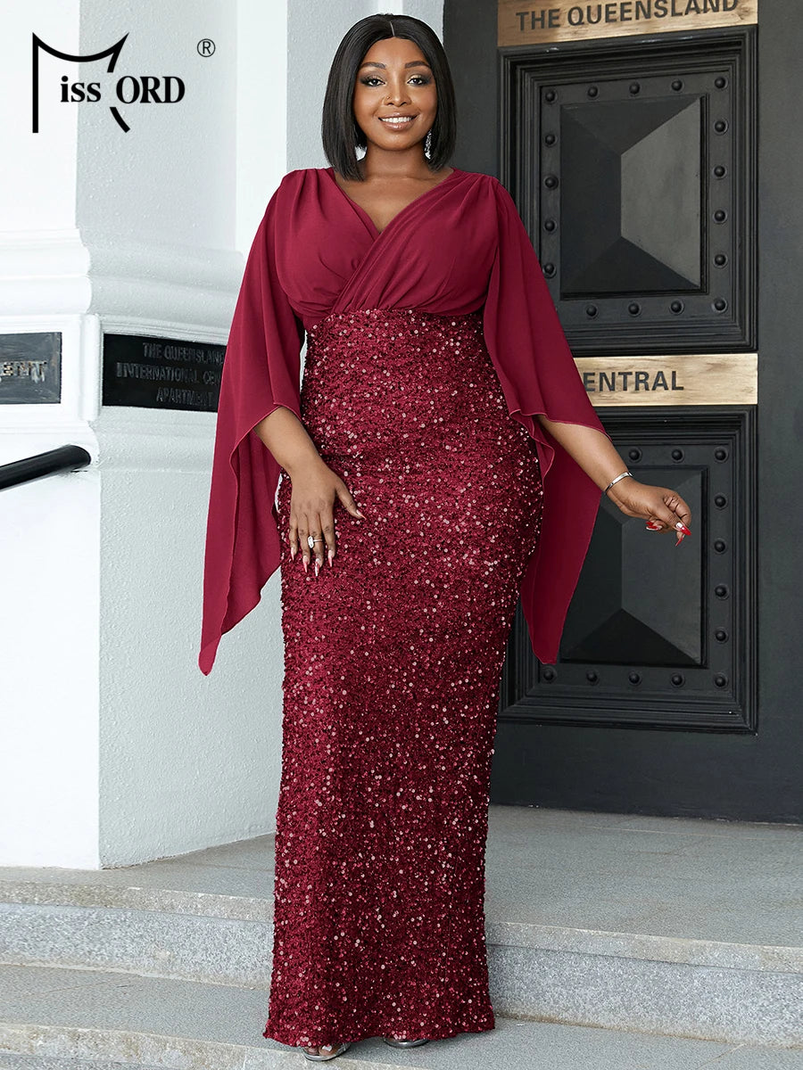 Missord Yellow Sequin Plus Size Wedding Party Dress Elegant Women V Neck Flare Sleeve Bodycon Prom Dresses Long Evening Gown
