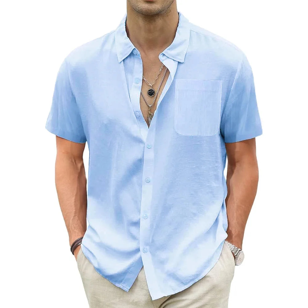 Men's Cotton Linen Short Sleeve Shirts Casual Lightweight Hawaiian Shirts Vacation Beach Summer Men Tops with Pocket