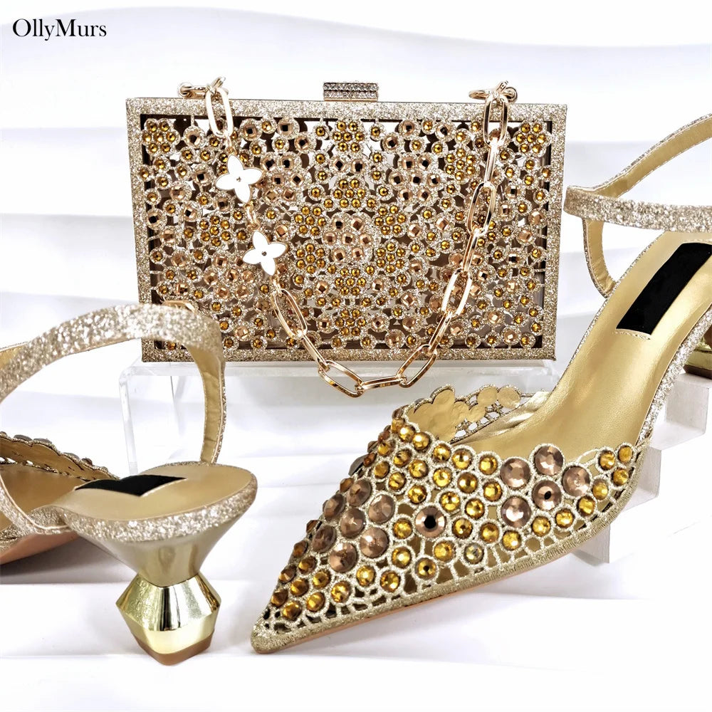 African Elegant Rhinestone Women Pumps Shoes And Bag Set Summer Fashion Sandal High Heels Shoes And Purse Set For Party Dress