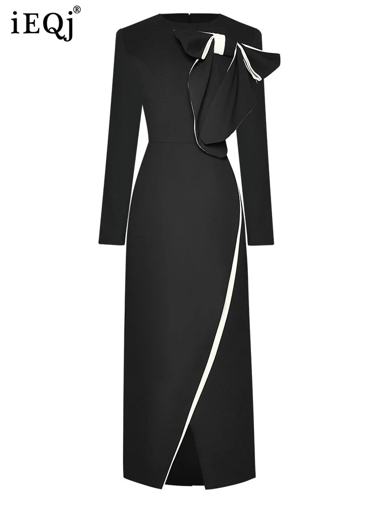 Bow Spliced Formal Dresses For Women Round Neck Long Sleeved Mid Length Contrast Slim Party Dress New Clothing