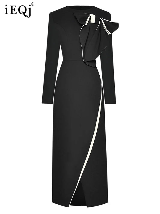 Bow Spliced Formal Dresses For Women Round Neck Long Sleeved Mid Length Contrast Slim Party Dress New Clothing