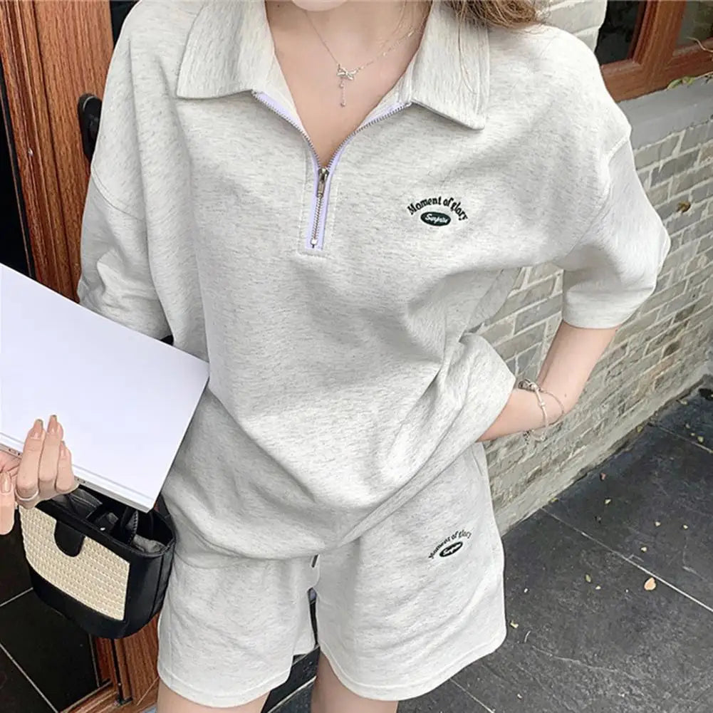 Embroidered Two-piece Suit Short Sleeve Zipper Sweatshirt Drawstring Waist Shorts Set Women Tracksuit Solid Color Top Shorts Set