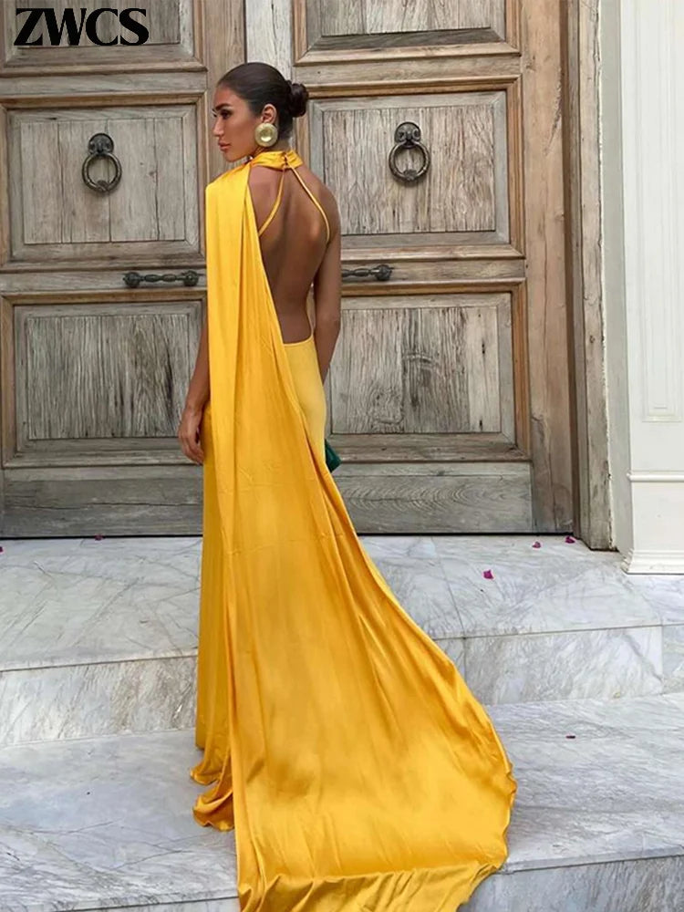 Elegant Satin Ribbon Halter Party Dress Women Sexy Backless Off Shoulder Sleeveless Dresses Spring New Famale Solid Robes