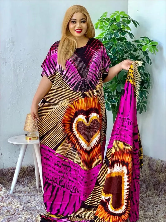 Summer Party Dress Short Sleeve With Big Scarf Printing Floral Loose Boubou Maxi Islam Women African Abaya Clothing