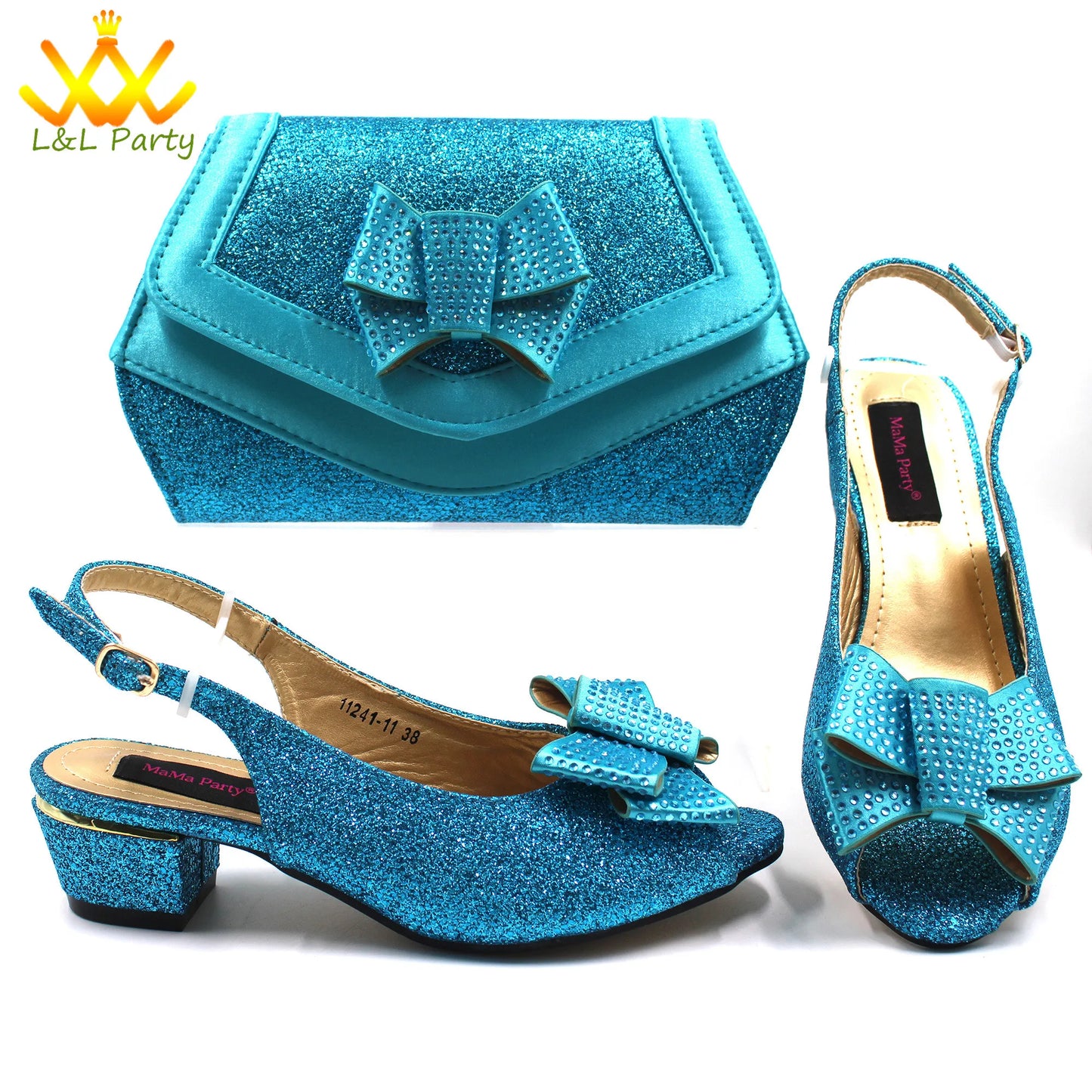 New Design Specials Italian Women Shoes Matching Bag Set in Sky Blue Color Comfortable Heels with Appliques for Wedding