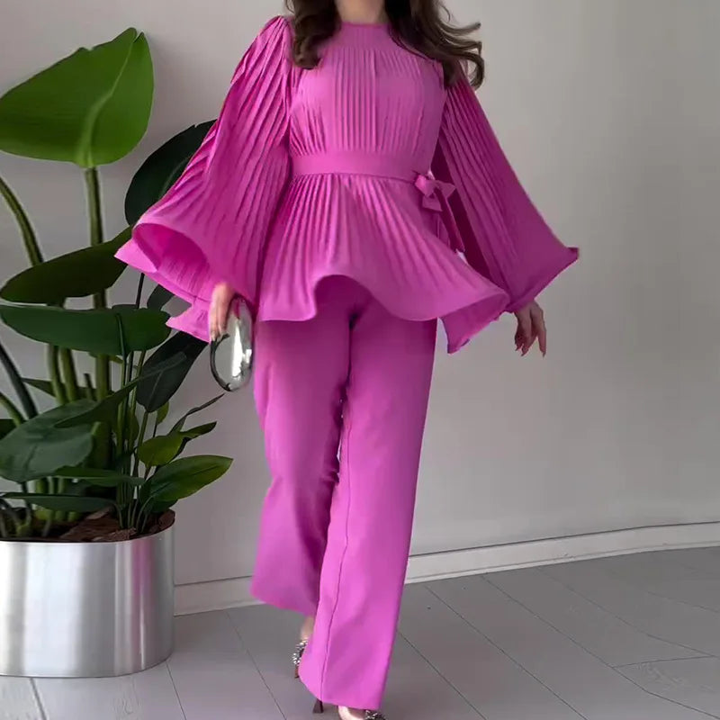 Eid Muslim Suits Women Lace Up Blouse Wide Leg Pants Sets Casual Dubai Two Piece Solid Outfits Islamic Ramadan Morocco Arabic