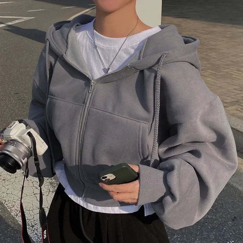 Casual Hood Sweatshirt Women Fall Zip Up Hoodies Solid Harajuku Long Sleeve Shirt Oversized Crop Tops Female Loose Jackets Coat