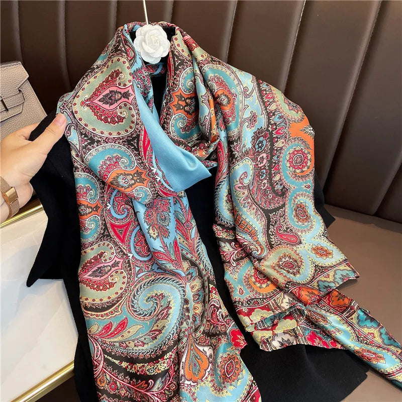 180*90cm Large Silk Satin Scarf Hijab Women Print Spring New Shawl Wrap Female Hand Foulard Pashmina Travel Echarpe 2022 NEW