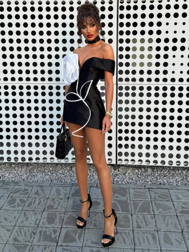 Women Celebrity Sexy Off Shoulder White Flower Black Mini Bodycon Bandage Dress 2025 Elegant Evening Club Party Dress