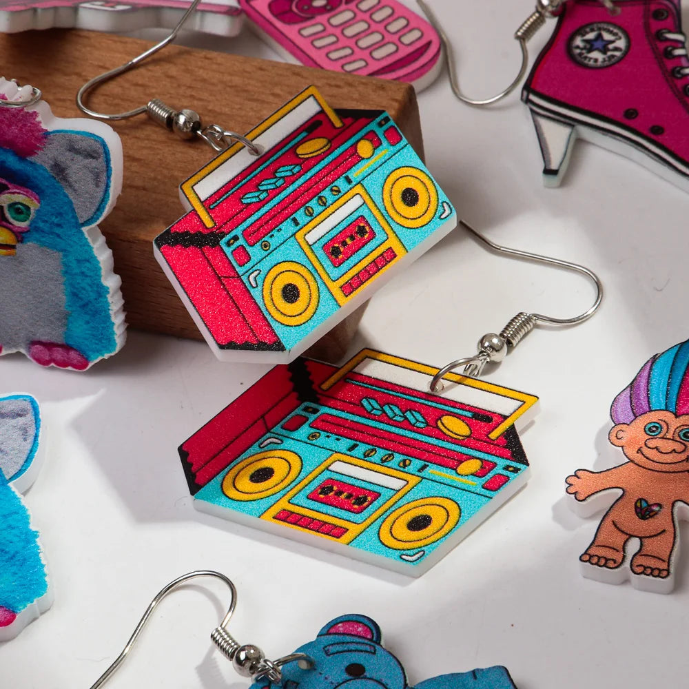 Cute Pink Phone Game Radio High Heels Ring Acrylic Print Earrings for Women Vintage Heart Bear Drop Earring Funny Jewelry