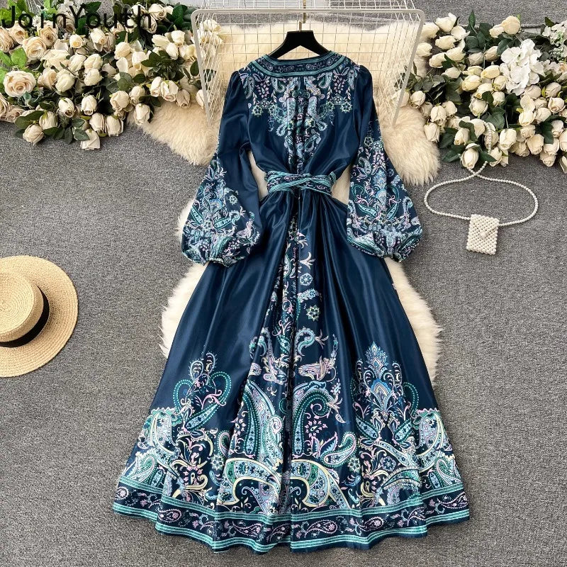 Vintage Women Party Dress Lantern Sleeve Bandage Slim Waist Print Long Robe Femme Vestidos De Mujer Big Swing Maxi Dresses
