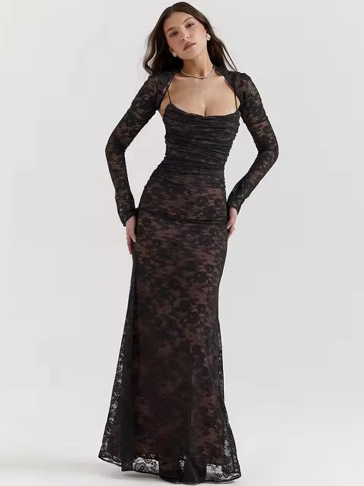 Avrilyaan Lace Print Bodycon Sexy Dress Women Robes Elegant Evening Party Dress Bodycon Spring Midi Long Dress Vestidos