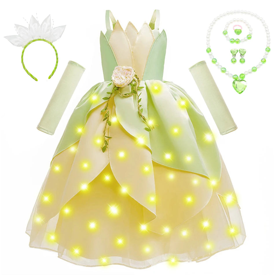 Fancy Girl Princess Tiana Costume Dress The Frog Cosplay Floral LED Light Up Clothing Halloween Girl Kids Christmas Party 2-11T