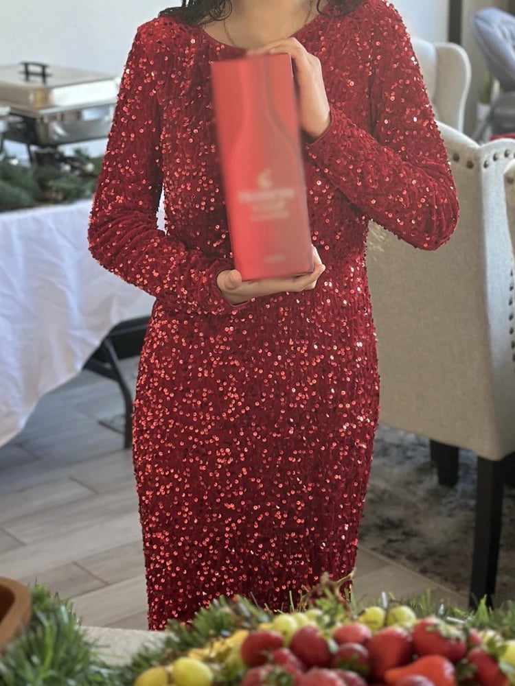 Romagic Elegant Women Modest Stretch Sequin Royal Blue Wedding Prom Gown Long Sleeves Mermaid Formal Evening Party Dress 2025