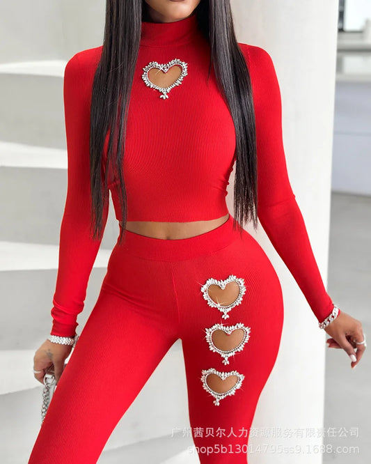 Two Piece Sets Wome Sexy Solid Pant Set Turtleneck Full Sleeve Slim Fit Tops Hollow Out High Waist Long Pants Sheath 2025