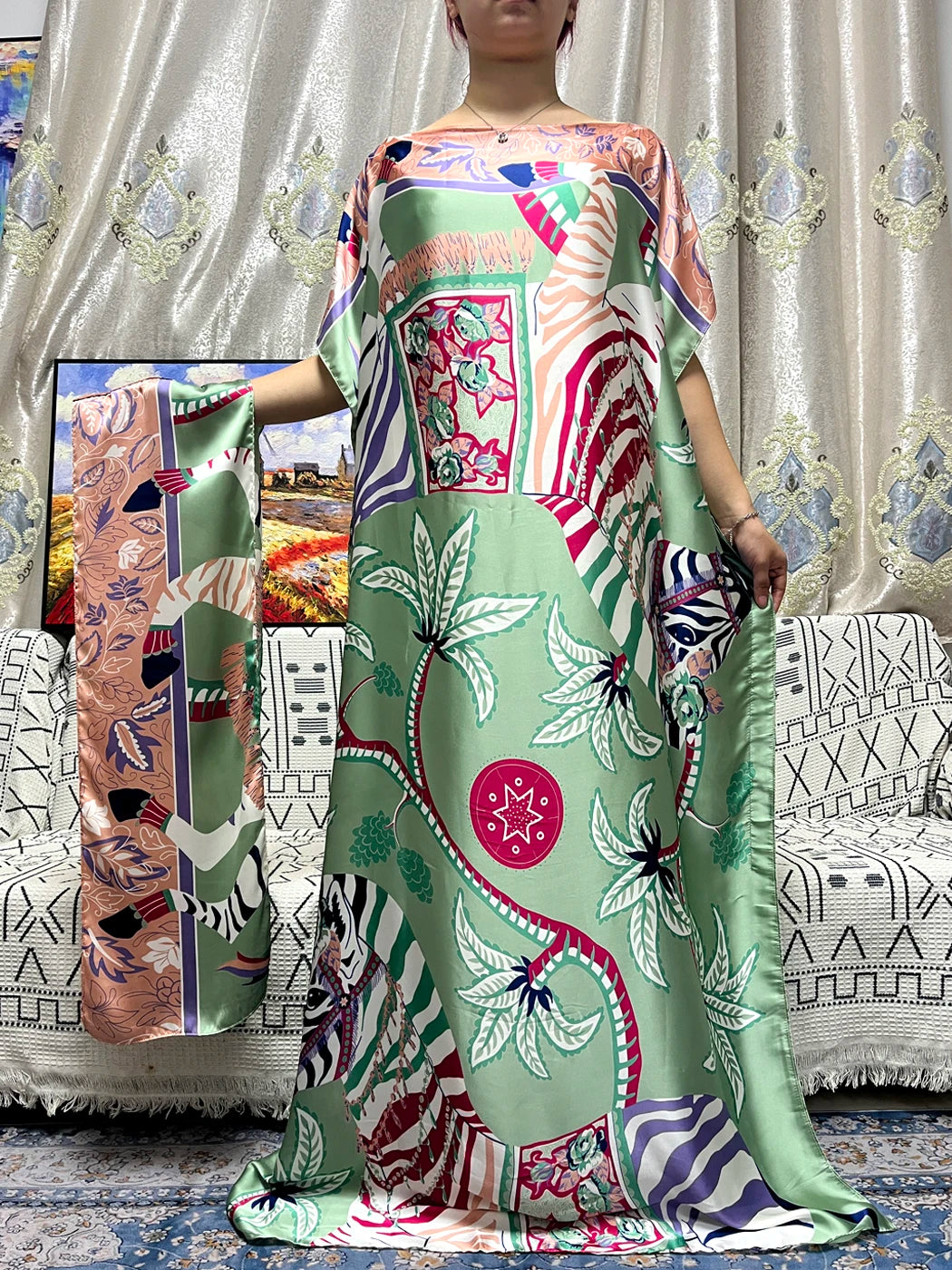 Abayas For Women 2025 Printed Floral Silk Satin Loose Femme Robe African Nigeria Dubai Party Evening Dresses With Belt Turban