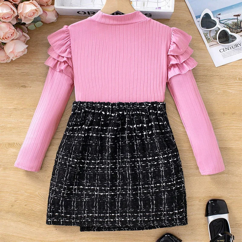 Two Piece Set Of Cute Button Decoration For Autumn And Winter Girls Fluffy Long Sleeved Round Neck Skirt Princess Party Dress