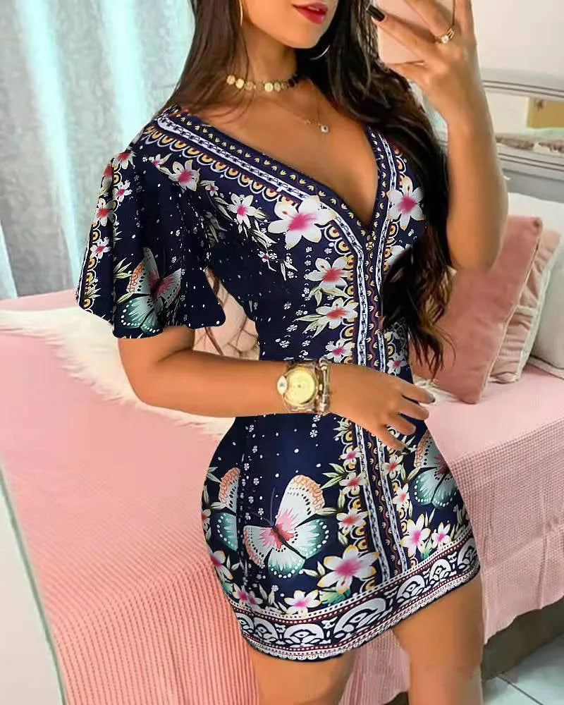 Summer Elegant Floral Print Bodycon Mini Dress Women Fashion Sexy Deep V-neck Package Hip Dresess Office Lady Party Dress