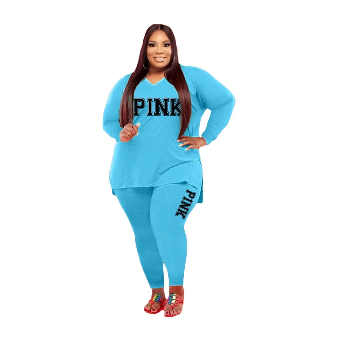 XL-5XL Fall 2025 Plus size Women Clothing Two Piece Set Fashion Long Sleeve V Neck top And Pants Print 2 Piece Suit Outfit