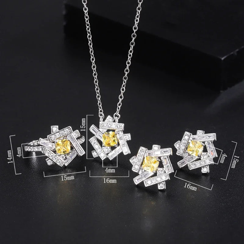 Summer New Necklace Ring Earrings Topaz Stone Yellow Crystal for Women Luxurious Party Wedding Fine Jewelry Birthday Gifts