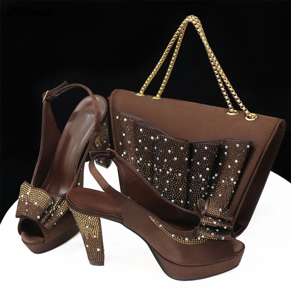 Fashion New Design PU With Rhinestone Woman Shoes And Purse Set Italian Style Sandal Shoes With Matching Bag Set For Party Dress