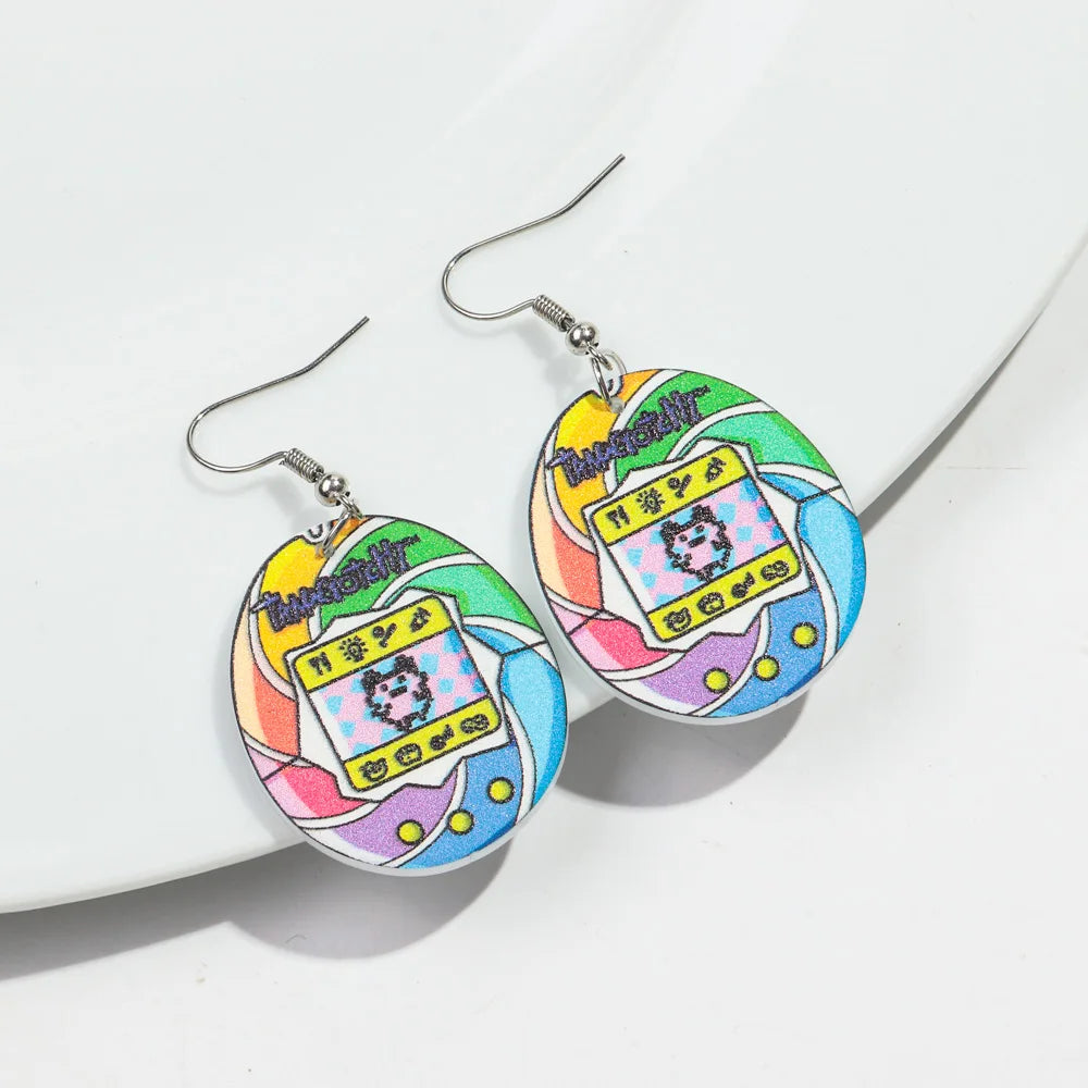 Cute Pink Phone Game Radio High Heels Ring Acrylic Print Earrings for Women Vintage Heart Bear Drop Earring Funny Jewelry