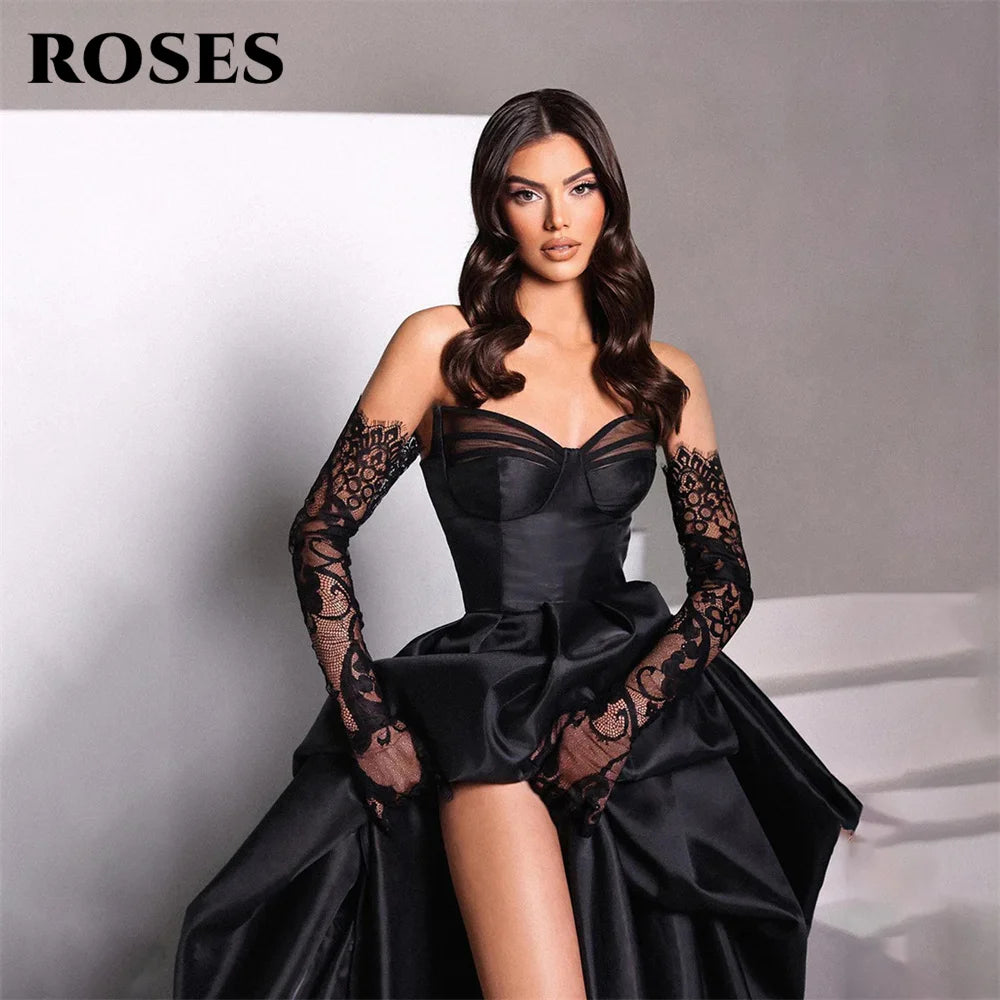 ROSES A Line Black Prom Dresses Sweetheart Stain Party Dresses Pleat Side Split robes du soir Sleeveless Wedding Darty Dresses
