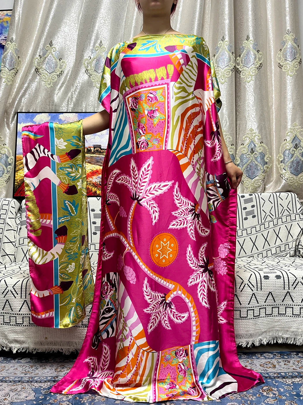 Abayas For Women 2025 Printed Floral Silk Satin Loose Femme Robe African Nigeria Dubai Party Evening Dresses With Belt Turban