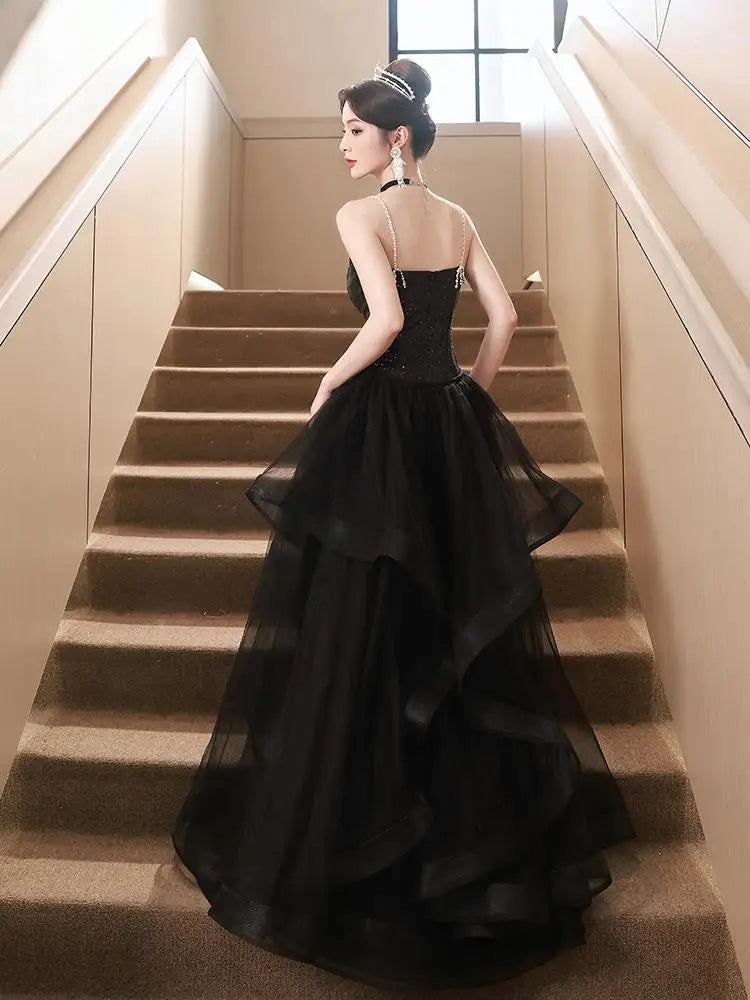 New Black long sequined removable tail lady girl women princess banquet party performance prom dress performance gown