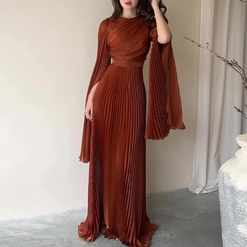 2025 Autumn Women's O-neck Long Sleeve Party Dress Elegant Solid Color Pleated Robe Dress Fashion High Waist Slim Evening Dress