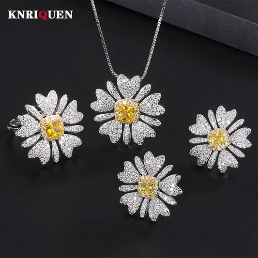 Topaz Sunflower Gemstone Necklace Pendant Ring Earrings Wedding Party Fine Jewelry Set for Women Birthday Gift