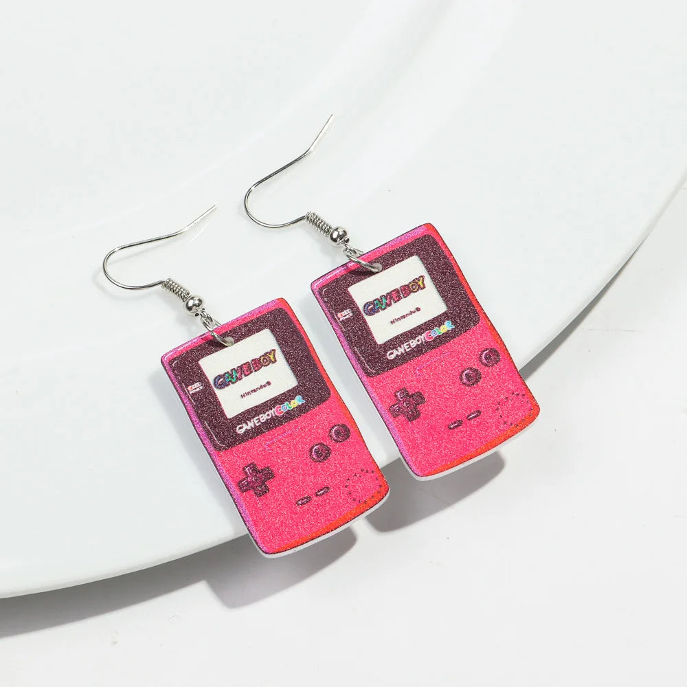 Cute Pink Phone Game Radio High Heels Ring Acrylic Print Earrings for Women Vintage Heart Bear Drop Earring Funny Jewelry