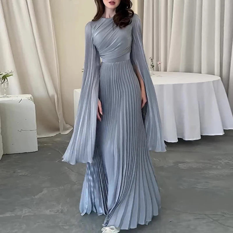 2025 Autumn Women's O-neck Long Sleeve Party Dress Elegant Solid Color Pleated Robe Dress Fashion High Waist Slim Evening Dress