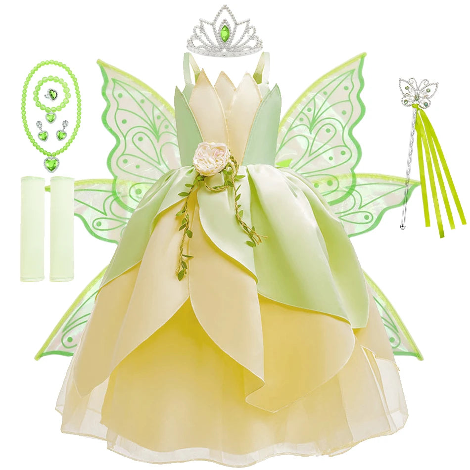 Fancy Girl Princess Tiana Costume Dress The Frog Cosplay Floral LED Light Up Clothing Halloween Girl Kids Christmas Party 2-11T