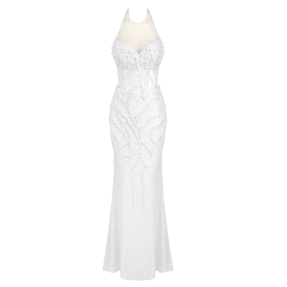 VC Pearls Embellished Long Dress White Sequins Mesh Sleeveless Halter Mermaid Cocktail Wedding Party Evening Gown Vestidos