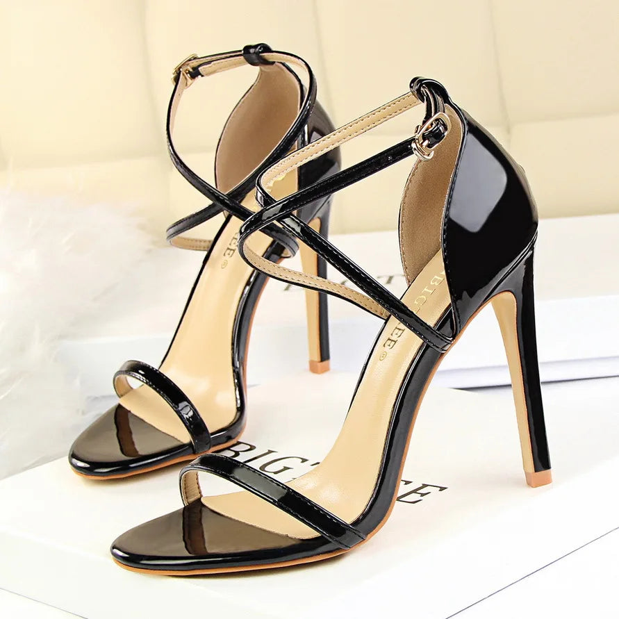 BIGTREE Shoes Pumps Open Toe High Heels Patent Leather Women Heels Stiletto 11 Cm 7.5cm Summer Heels Sandals Women Party Shoes