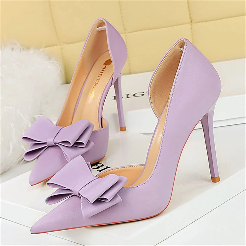 Women 10.5cm High Heels Satin Silk Butterfly Knot Purple Pumps Lady Wedding Bridal Escarpin Blue Green Peach Fashion Party Shoes