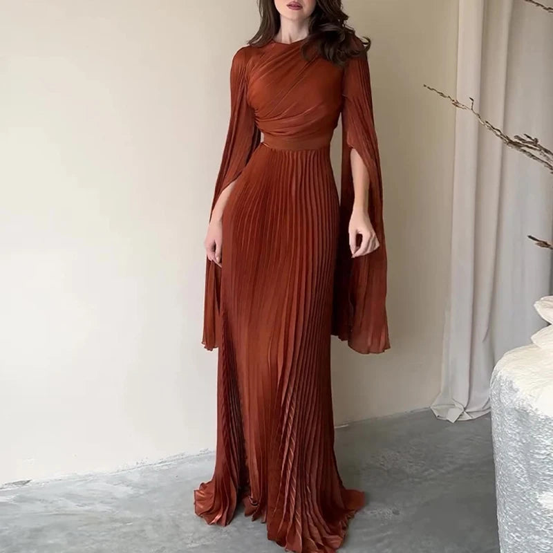 2025 Autumn Women's O-neck Long Sleeve Party Dress Elegant Solid Color Pleated Robe Dress Fashion High Waist Slim Evening Dress